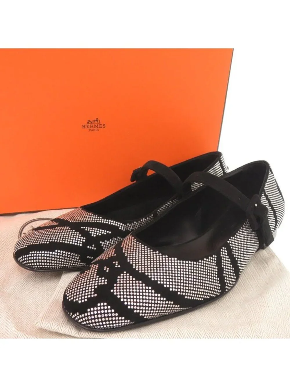 Hermes Light Ballet Flats 36 Suede Rhinestone Black Shoes Flat